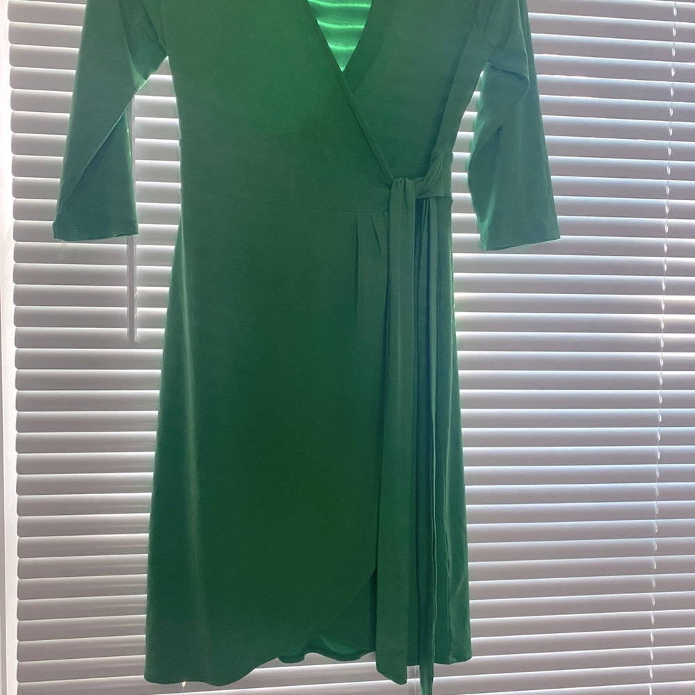 Green wrap dress….just above knee length
